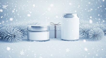 Winter Festive Skincare Set Jar, Can, and Gift Box Amidst Snowy Pine and Flakes