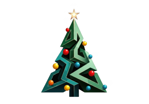 Modern geometric christmas tree decoration with colorful ornaments and star topper