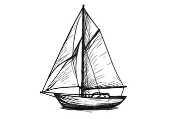 Detailed hand drawn sketch of a classic sailboat yacht sailing on the water