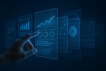 Futuristic data analysis interface manipulated by a human hand, displaying charts and graphs