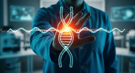 Futuristic Genetic Research A scientist interacts with a glowing holographic DNA structure, symbolizing advanced biotechnology, genomic discovery, and medical innovation in a lab