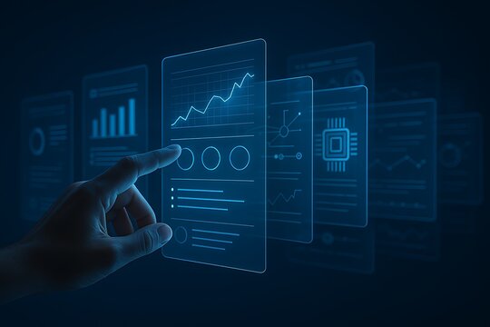 Futuristic data analysis interface manipulated by a human hand, displaying charts and graphs