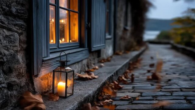 A lantern glows on a stone ledge beside a building with illuminated windows and a brick path