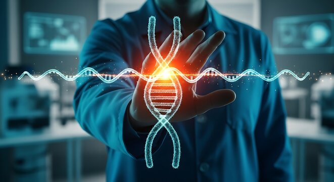 Futuristic Genetic Research A scientist interacts with a glowing holographic DNA structure, symbolizing advanced biotechnology, genomic discovery, and medical innovation in a lab