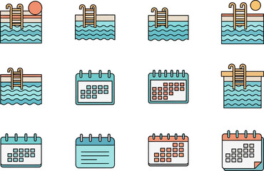 Planning and Calendar Icons with Swimming Pool Theme &mdash; Lineal Color Style