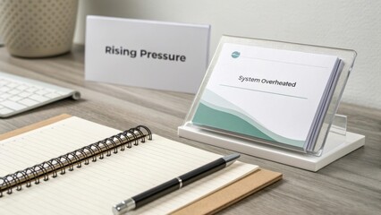Business Desk Setup with Rising Pressure Signage and Cardholder Including System Overheated Notification on Modern Workspace