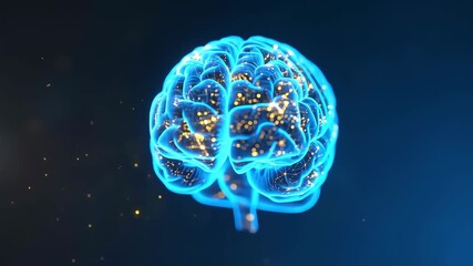 A glowing, digital representation of a human brain, highlighted in blue with golden network detail - Powered by Adobe