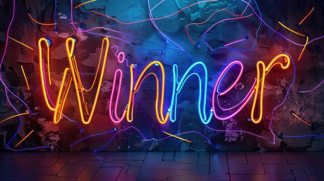 A vibrant neon sign spelling 'Winner' in bright colors against a dark background. The sign emits a glowing light, creating a lively atmosphere.