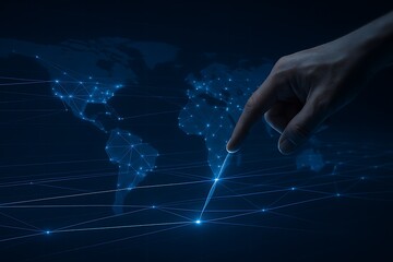 Human hand touching global network map, digital connection, modern communication technology.