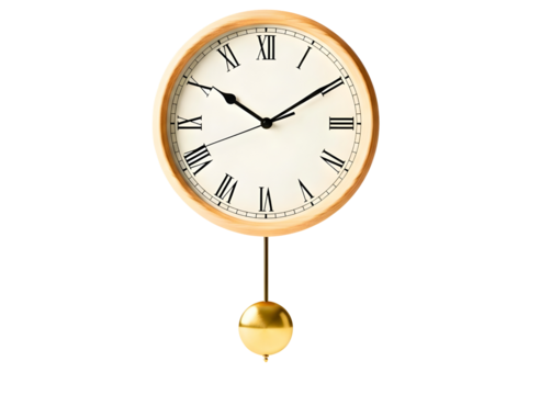 Oval wooden pendulum clock with roman numerals isolated on transparent background