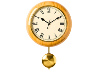 Oval wooden pendulum clock with roman numerals isolated on transparent background