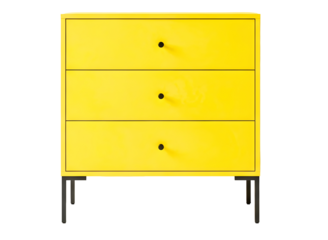 Bright yellow three drawer chest of drawers isolated on transparent background