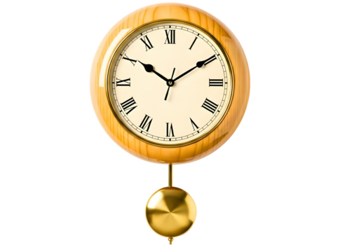 Oval wooden pendulum clock with roman numerals isolated on transparent background