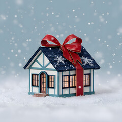  Cozy miniature house decorated as a holiday gift with a prominent red bow and golden ribbon, surrounded by fresh snow under a winter sky