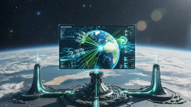 Giant futuristic orbital megastructure harvesting solar energy and beaming a focused green laser to power plants on earth, representing sustainable, high-tech global energy transfer