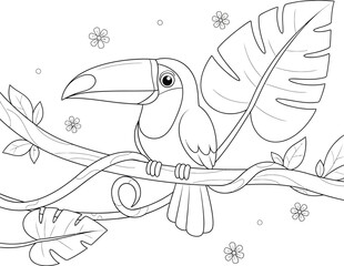 Obraz premium Adorable Toucan Coloring Page on a Branch with Tropical Leaves - Jungle Bird Line Art Illustration for Kids