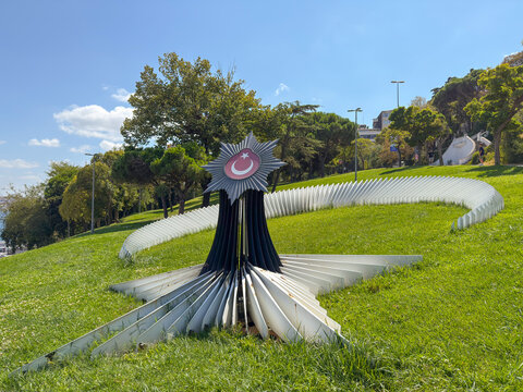 Istanbul, Turkey - August 29, 2025: Besiktas Sehitler Aniti memorial installation displayed on a green hillside in the public park area