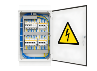 Open electrical distribution box with circuit breakers and warning sign isolated on transparent background