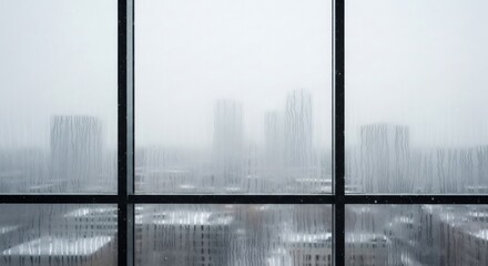 Naklejka premium Foggy city skyline through a rain-streaked window. Urban landscape background on a gloomy winter day with condensation and blurred buildings.