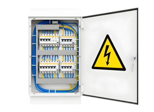 Open electrical distribution box with circuit breakers and warning sign isolated on transparent background