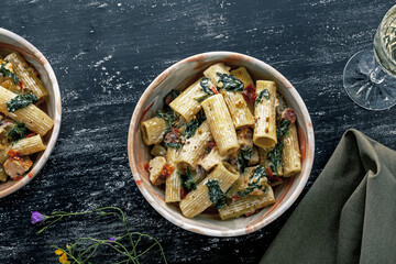 Rigatoni Pasta with Chicken and Kale in Creamy Sauce