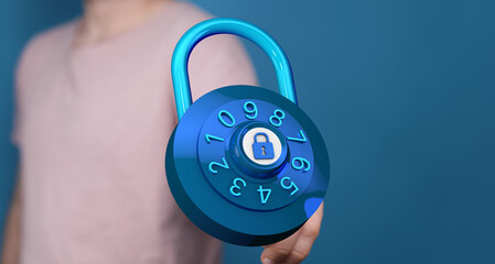 Digitally rendered blue lock held by a person. Represents security, privacy, and protection. Ideal...