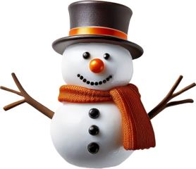 A highly detailed digital illustration of a classic snowman wearing a black top hat and a textured orange scarf, isolated on a clean transparent background, perfect for holiday themes.