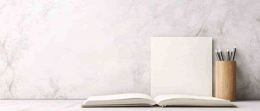Open book and blank paper with pencils in wooden cup on textured wall background, creative inspiration
