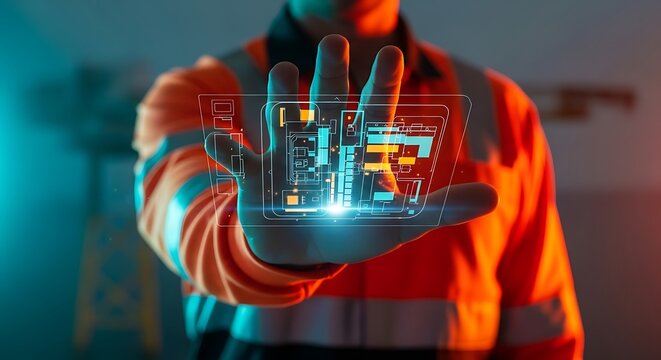Industrial worker engaging with an advanced holographic interface, displaying complex technical data for smart factory management and digital transformation in engineering