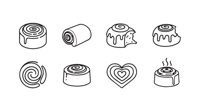 Collection of eight hand drawn cinnamon roll illustrations in a unique silhouette style