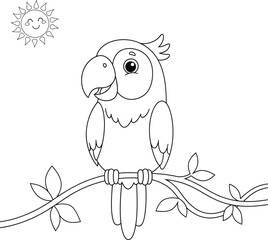Happy Parrot Coloring Page on a Branch with Smiling Sun - Tropical Bird Line Art Illustration for Kids