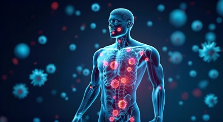 Human body anatomy infected by glowing red virus particles representing disease spread pandemic or internal illness in a futuristic scientific concept visualization. - Powered by Adobe
