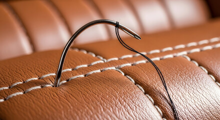 Close-up of a sewing needle and black thread piercing supple brown leather with decorative white stitching, Intricate stitching detail on a vintage leather car seat with focus on a needle and thread