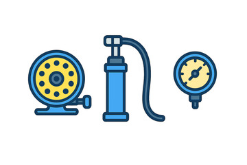 Collection of essential tools for air pressure management including manual pump and circular gauge