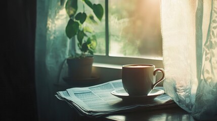 Cup of coffee and a newspaper on a windowsill with natural light and a cozy atmosphere