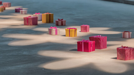 enchanting display of ultrabright gifts scattered on floor illuminated by projected messages of celebration