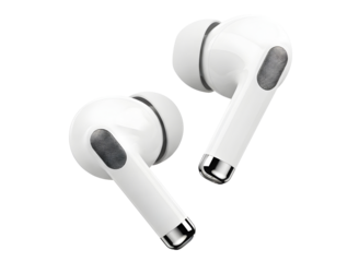 Pair of white wireless earbuds isolated on transparent background