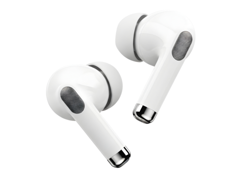 Pair of white wireless earbuds isolated on transparent background