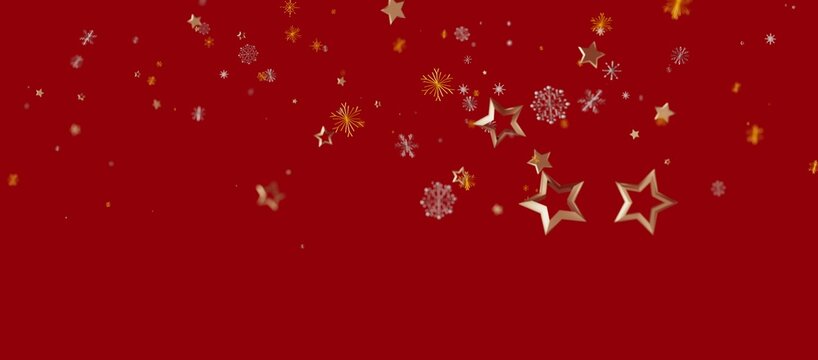 Christmas background with golden stars, snowflakes, and fireworks falling on a red background. Ideal for holiday designs, greeting ca