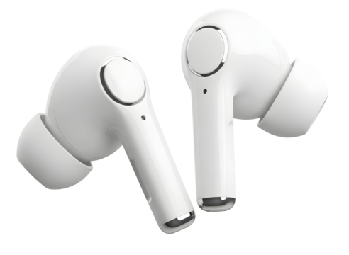 Pair of white wireless earbuds isolated on transparent background