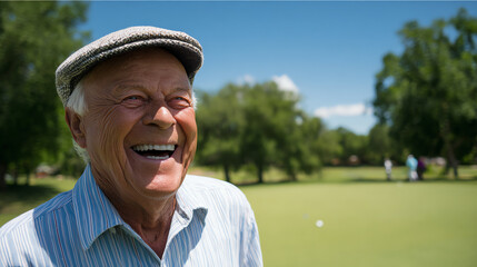 An elderly man smiles joyfully while enjoying a game of golf in the serene outdoors surrounded by lush greenery.