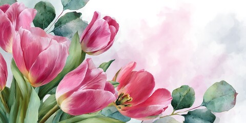 Beautiful watercolor illustration of pink tulips with green leaves on a soft pastel background, featuring spacious copy space, ideal for Mother’s Day designs and floral website banners.