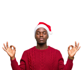 Man in Santa hat meditating with eyes closed isolated on white background