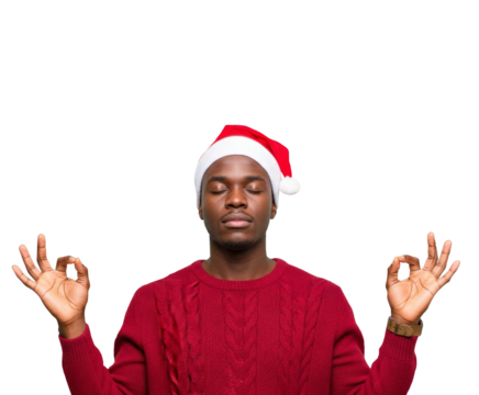 Man in Santa hat meditating with eyes closed isolated on white background