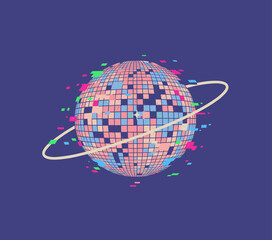 Retro Disco Planet Illustration.Glitch Celestial Party Sphere.Synthwave Mirror Ball Design.Abstract Space Night Vibe.Funky Futuristic Globe Art