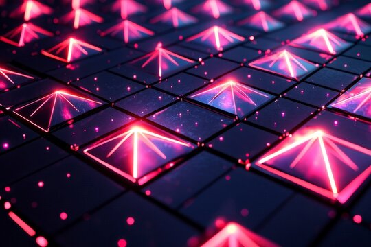 Close up of computer keyboard with pink backlighting in a dark environment