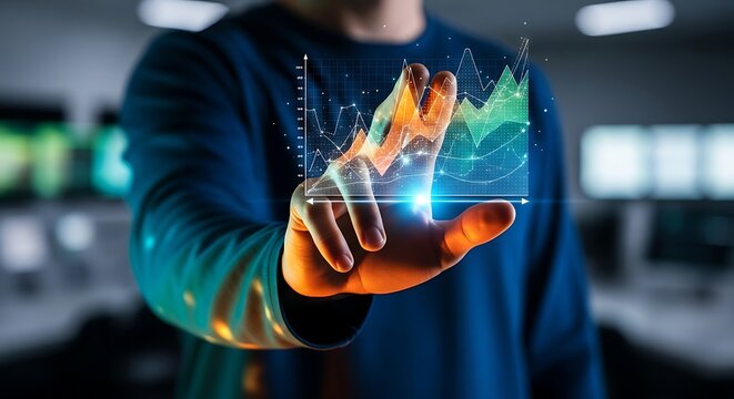 Person engaging with an illuminated holographic interface displaying dynamic financial data charts, symbolizing business growth and technological innovation in data analysis