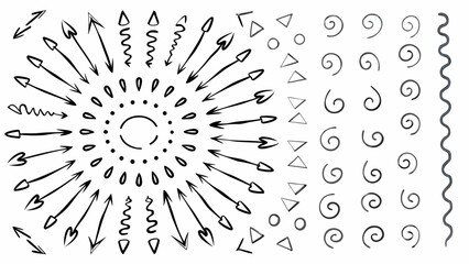 Obraz premium Hand drawn black and white design with arrows spirals triangles and circles in a radial arrangement style