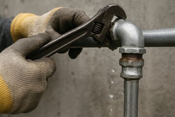 Leaking Pipe Repair: A close-up view captures the hands of a skilled plumber meticulously repairing a leaky pipe with an adjustable wrench.