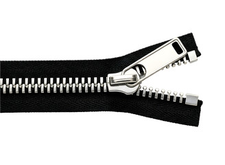 Close up of a metal zipper partially open isolated on transparent background